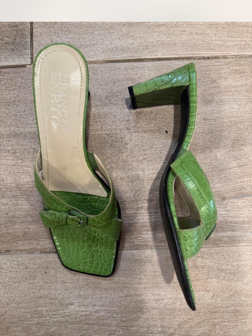 Franco Sarto Lime Green Croc-Embossed Block Heel Mules